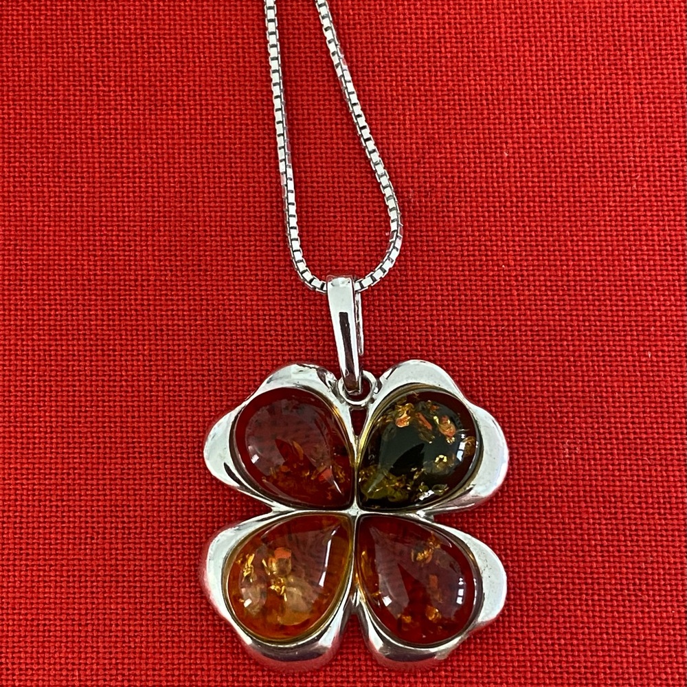 Silver Four-Leaf Clover Pendant Necklace, Amber and silver pendants